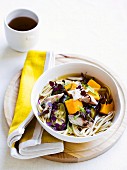 Udon noodles with steamed aubergine and smoked mackerel