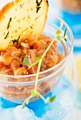 Salmon Tartare with Sesame Crackers; Close Up