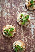 Small pizzas with cheese, chanterelles and lamb's lettuce