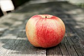 An apple on a wooden table in the garden