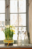 Narcissus in sweet jar next to collection of vintage bottles on windowsill