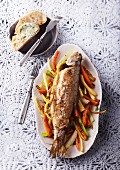 Baked trout on a bed of vegetables