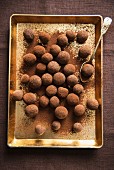 Chocolate truffles on a gold-coloured tray (view from above)