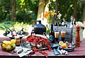 Outdoor Table with Crawfish and Beer
