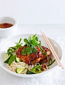 lime leaf chicken with rice noodles and cucumber