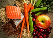 Assorted Ingredients; Salmon with Fruit, Vegetables and Grains
