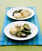 Roasted halibut and zucchini with butter sauce