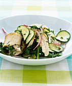 Cucumber salad with chicken, spinach and onions
