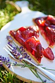 Strawberry flan with lavender flowers