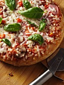 Pizza mit Champignons und Basilikum