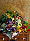 Vegetables in a basket and on a rustic wooden table