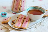 Rose shortbread with a cup of tea