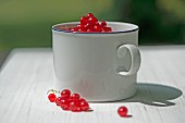 A cup of redcurrants on a table in the garden