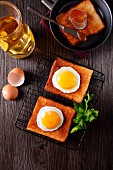 A breakfast of toast, fried egg and orange marmalade