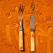 A knife and fork in ground spices