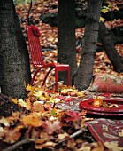 Teppich und Kissen vor rotem Stuhl zwischen Bäumen auf herbstlichem Laub