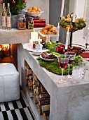 Various food with wine on fireplace