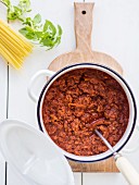 Vegan Bolognese sauce prepared with soya.