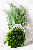 A bunch of chives on a white cloth
