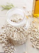 White beans in a storage jar and to one side
