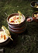 Chanterelle soup with rosemary tempura