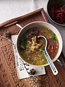 Barley soup with Grisons air-dried beef and diced vegetables