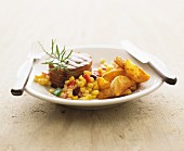 Beef medallion with sweetcorn salsa and potato wedges