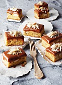 Slices of Brazil nut cake with chocolate caramel topping