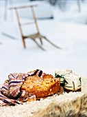 Close-up of cake and coffees