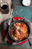 Spaghetti with meatballs and tomato sauce (view from above)