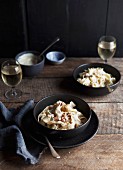 Wide pasta ribbons with bacon and creamy cauliflower sauce