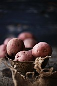 Red potatoes in a metal dish