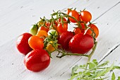 Assorted tomatoes on a white-painted wooden table