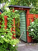 Green garden gate and red portal in climber-covered wooden fence