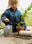 Little girl with watering can & potted plan on potting table in garden