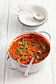Chilli con carne with sweetcorn, green beans and coriander leaves