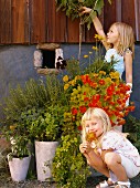 Zwei Mädchen mit Kräuter- und Blumentöpfen im Garten