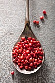 Pink peppercorns on a spoon (view from above)