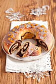 Poppyseed roulade, partly sliced (for Christmas)