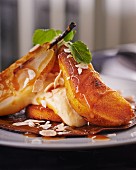 A pancake topped with pears and almond mousse