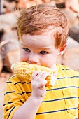 Kleiner Junge beisst in Maiskolben