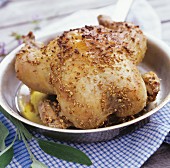 Crispy roast chicken in a pan