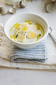 Radish soup with quails eggs