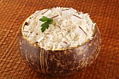 Coconut rice in a wooden bowl
