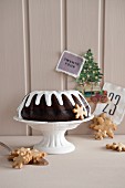 Chocolate Bundt cake with glacé icing for Christmas