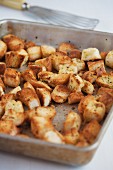 Croutons in a baking tray