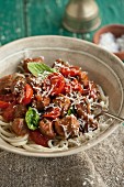 Linguine with sausage, tomatoes and cheese