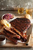 Marinated spare ribs with barbecue sauce and coleslaw