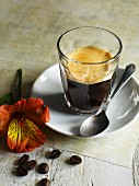 Caffè crema, coffee beans and an exotic flower