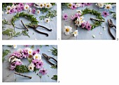 Hand-tying a wreath of pink and white daisies